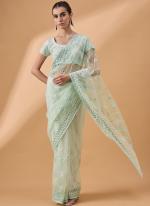 Net Sea Green Party Wear Mirror Work Saree